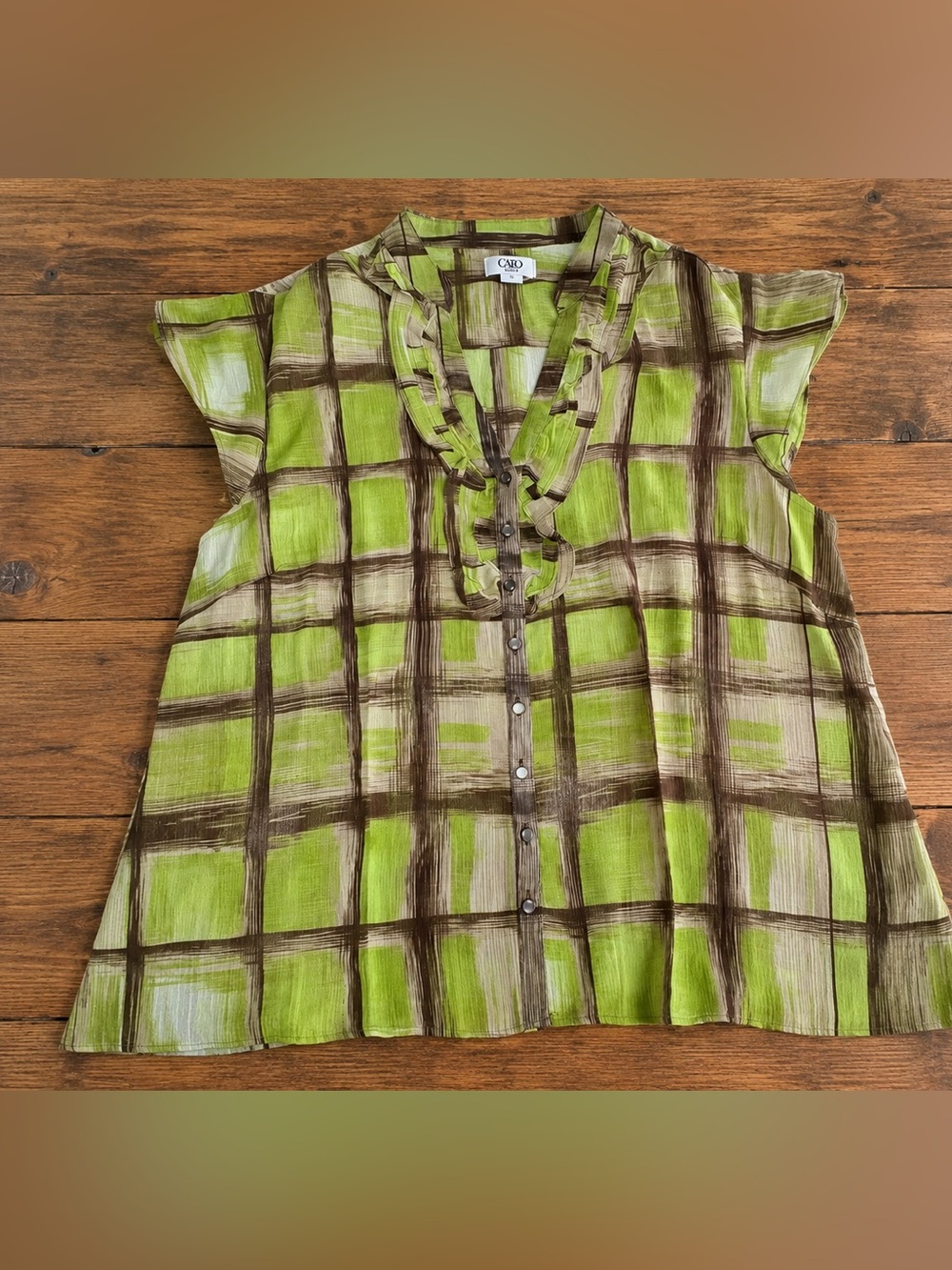 Cato  Green Plaid Ruffle V-Neck Button Front Top